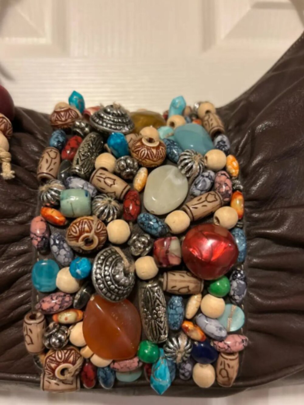 Brown leather boho style handbag with stones - Picture 2 of 7